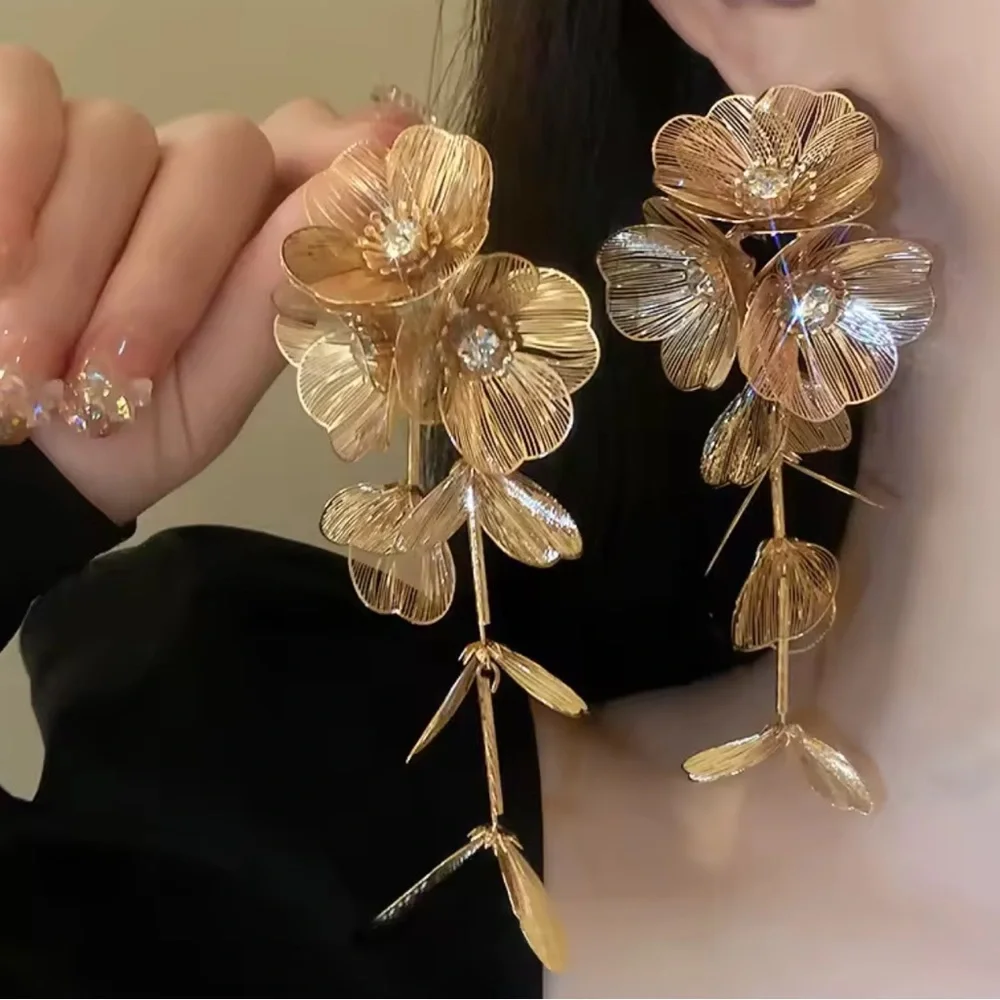 Gold Floral Drop Earrings - Picture 4 of 5